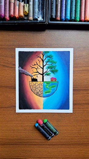 🌍✨ Save Earth Drawing | Pollution vs Nature 🌳🔥 | Oil Pastel Art #drawing #art #oilpastel
