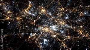 Against a dark, night sky-like background, glowing points of light form an intricate network. The points shimmer like stars, connected by lines to create geometric patterns.