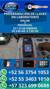 MCE Cursos Automotrices y JM Cerrajeros🇲🇽 Te invitan al nuevo curso en formato PRESENCIAL y ON LINE: 🚗 "Programación de Llaves en Laboratorio utilizando banco de pruebas y Simulador "🔑 🗓 Se transmite desde nuestra aula virtual este 22 y 23 de febrero 2025. ⏱ De 9 a 7 de la noche hora central de Ciudad de México 💲Inversión PRESENCIAL 3,700.00 Mx /193.00 Uds. EN LINEA 2,890.00 Mx /150.00 Uds. - Reservas con 1,000 pesos y el resto un día antes del curso $ *Pagos nacionales por transferencia b