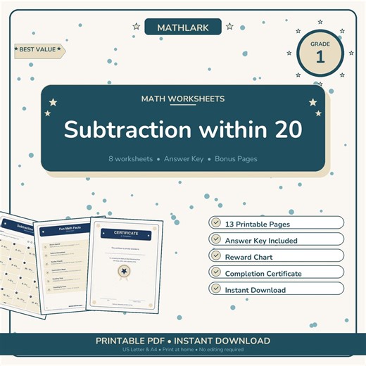 Subtraction Within 20 | Printable Math Worksheets for Grade 1 Kids PDF - Etsy