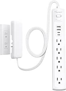 Flat Plug Power Strip 6ft, Outlet Cover Extension Cord with 5 Outlets and 4 USB Ports, 1440J Surge Protector, 10A/1250W, White Flat Wall Plug Extension Cord Ideal for Home Office Furniture