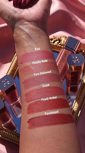 @Maquillageitup’s #swatches of our NEW Lip Velvets have us like 🫦 Shades: 💋Kiss / Rose petal pink 🍑 Peachy Nude / Light peachy nude 🎥 Pure Hollywood / Pale mauve nude 💘Pure Hollywood / Pale mauve nude 🍑 Peach Amber / Deep warm peach 📝 Parchment / Peachy brown Available now at the link in bio! #abhlipvelvets #anastasiabeverlyhills #makeupswatches #lipswatches #newmakeup #norvina #abhbrows #abhlipsticks