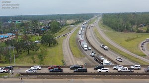 Interstate 10 in Lake Charles is backed up due to the combination of residents and workers leaving town ahead of Hurricane Delta. https://bit.ly/36LTG9g Video Courtesy: Brandon Clement / Live Storms Media | KATV Channel 7