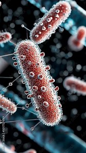 Microscopic view of bacteria with intricate surface structures and filaments.