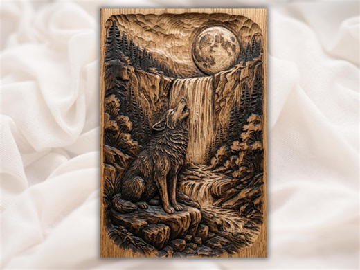 Howling Wolf Waterfall 3D Relief STL for CNC Router | Moonlit Wolf Wood Carving Panel | Rustic Cabin Wall Art |forest Canyon Night Scene - Etsy