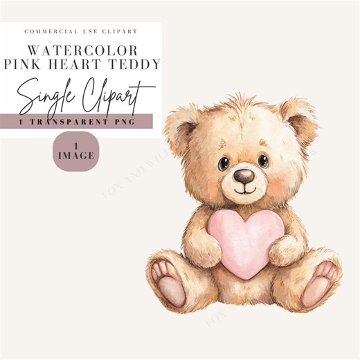 Teddy Bear Clipart PNG, Watercolor Bear Holding Pink Heart Illustration, Cute Nursery Graphic, Transparent Background, Commercial Use - Etsy