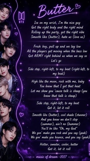 Butter song lyrics by bts #dream of music -1017#kpop song lyrics channel #song lyrics channel #