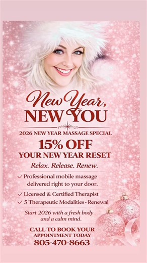 Steph Metcalf on Instagram: "Happy New Year, Loves! ✨ Start 2026 relaxed, restored, and brand new with my 15% New Year Reset Massage Special.💖 I’m a licensed & certified therapist offering professional mobile massage with 5 therapeutic modalities. New Year, New You! Let’s make it a beautiful one. 📞 805-470-8663 Call or Text To Book You’re Fresh Start Today💫Blessings✨ #NewYearNewYou #FreshStart2026 #NewYearReset #MobileMassage #MassageTherapist TherapeuticMassage WellnessJourney RelaxAndUnwind