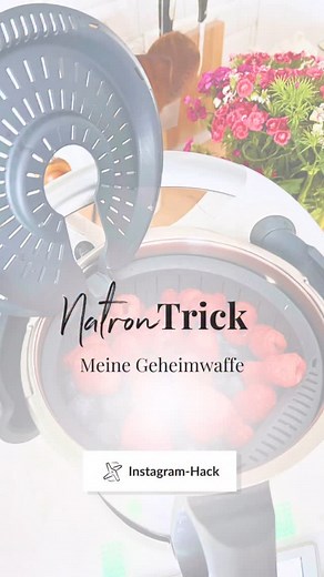 Sandra Wall | Gesund kochen mit Thermomix® on Instagram: "Anleitung zum Abspeichern 📌 Natron ist meine Geheimwaffe für pestizidfreies Obst und Gemüse! 🌱💦 Nehmt einfach 1 Liter Wasser und 1 EL Natron und gebt es in den Mixtopf. Hängt euer Obst oder Gemüse in den Gartensatz ein und lasst den Thermomix für 20 Sek/ Stufe 8,5 seine magische Reinigungskraft entfalten. Und voilà – saubere, gesunde Leckereien! 🍎🥦 So könnt ihr euch sicher sein, dass ihr unbedenklich naschen könnt! 🙌🌟 Eure Sandra v