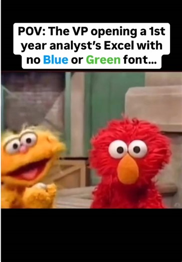 Proper formatting is critical when building any analysis in Excel. In particular, people in finance use a common convention to signal which type of calculation is being performed using different font colors. The conventional font colors are: Blue (0, 0, 255) = values only Black (0, 0, 0) = formulas Green (0, 128, 0) = link across sheets If you have a macro kit in Excel, you can likely do this automatically by highlighting a range of cells and pressing ctrl alt a to autocolor the fonts. Otherwise