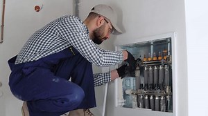 Heating engineer installing modern heating system in boiler room