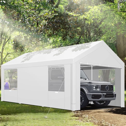 SANOPY 10'x20' Carport Heavy Duty Car Canopy Tent Outdoor Metal Car Tent Garage Shelter Shade Large Carport with 4 Roll-up Ventilated Mesh Windows & 2 Roll-up Sidewalls, White