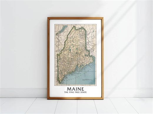 Retro Maine Map Poster: Pine Tree State Print Outdoors Wall Art - Etsy Canada