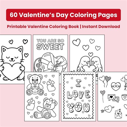 60 Valentine’s Day Coloring Pages for Kids | Printable Valentine Coloring Book | Preschool & Kindergarten Activities | Instant Download - Etsy