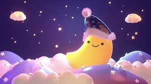 Looped cartoon smiling and sleepy moon wearing a nightcap with fluffy pom pom on the clouds at night animation.