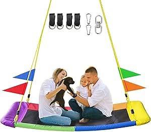 700lb 60" Rectangle Platform Tree Swing，Heavy Duty Large Swing for Kids Outdoor，Teslin Fabric，with 71-inch Adjustable Lanyard，Rotatable，for Backyard,Gifts for Kids， Playground (Colors)