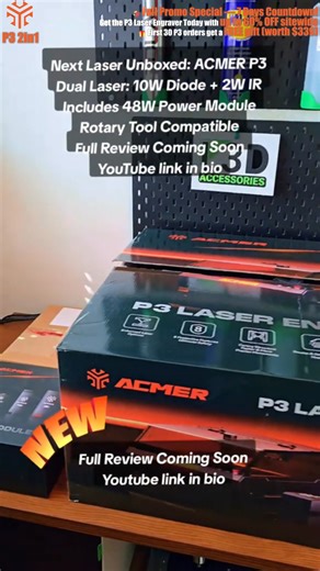 CMER P3 Dual Laser — Compact Build, Pro-Level Power ⚡ ✨ Unleash Your Creative Spark—Save Up to $800! The ACMER P3 combines IR & Diode lasers in one smart desktop engraver — flexible, efficient, and ready for nearly any material. 🌈 2-in-1 Laser Module — Switch between IR & Diode for metal, wood, leather & more ⚡ 800mm/s High Speed — Finish projects faster without sacrificing detail 🛠️ COREXY Industrial Rails — High-speed precision, built to last 🌀 Rotary Module Compatible — Engrave round or cu