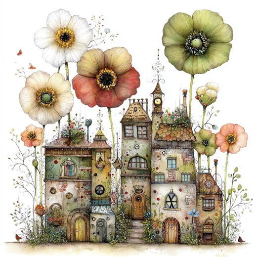 Whimsical Floral Village PNG Set, Enchanted Garden Girls Clipart, Storybook Flower Art, Dreamy Cottage Illustrations - Etsy