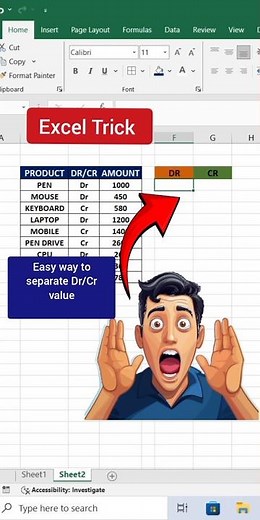 Way to separate Dr/Cr value in excel #exceltech #exceltips #education #datamanagement