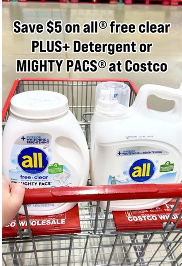 This detergent deal is worth a Costco run! Save $5 when you buy all® free clear PLUS liquid laundry detergent or all® free clear MIGHTY PACS® PLUS at Costco, now through July 19. After instant savings, the final price will be just $18.99, which is like paying as little as $0.11 per load. 🔗 in bio for full details, or find them in The Krazy Coupon Lady app. #allfreeclear #alldetergent #Costco #CostcoCouponer #CostcoRun