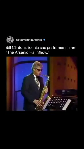 History Photographed on Instagram: "On June 3, 1992, a day after securing the democratic nomination, Bill Clinton appeared on the Arsenio Hall show and played “Heartbreak Hotel” on the saxophone while wearing sunglasses. ⁠ ⁠ The performance connected him with young and minority voters, humanizing his image and boosting his campaign. ⁠ ⁠ Though not flawless musically, it showed authenticity and charisma. ⁠ ⁠ The moment became one of the most memorable political appearances on late-night TV, helpi