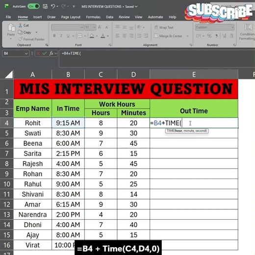 MIS Interview Question Part1- Time Function in Excel #shorts