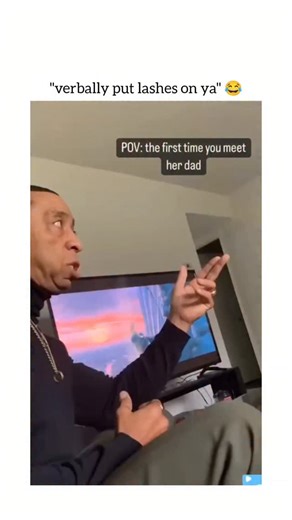 guffvibes on Instagram: "This video captures a humorous yet intense "first meeting" between a young man and his girlfriend’s father. Here’s a breakdown of the scene: The Scenario The video is presented as a "POV" (point of view), simulating the experience of meeting a girlfriend's dad for the first time. The father is sitting on a couch, appearing very serious and direct as he gives the boyfriend a "fair warning" about his daughters. The Conversation The father doesn't hold back, delivering a sp
