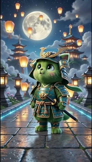 A cute little samurai walks through a magical heavenly world under the glowing moon 🌙🏯