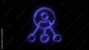 Neon business hierarchy structure animation displaying organizational chart with connections to multiple departments