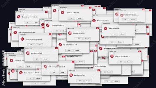 Multiple system error popups flooding dark screen. Data corruption and stack overflow alerts. Application fault and timeout dialogs stacked. Software crash and system failure concept.