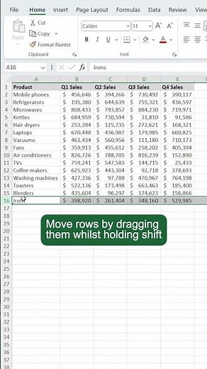 Move rows (or columns) by dragging whilst holding shift in Excel!