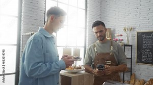 Male customer buying pastries in a bakery from the male baker by using a card payment terminal in a well-lit modern interior