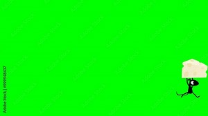 2d animated character of black mouse hamster that is stealing big white cheese mold escapes, escape from mouse trap, robbery chees house. in green screen background chroma key. Stock Video