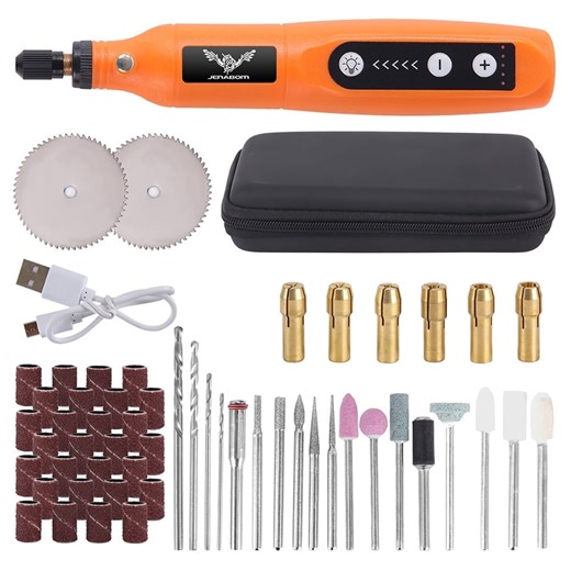 JENABOM 58 in 1 Mini Cordless Rotary Tool, 3.7V Electric Rotating Tool , LED Lights, 5-Speed and USB Charging, Used for Polishing, Carving, and DIY （Orange）