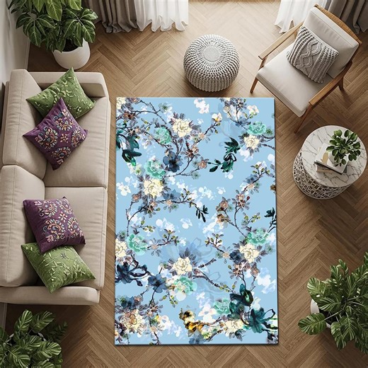 Blue Floral Printed Area Rug, Soft Botanical Flower Pattern Carpet, Vintage Inspired Machine Made Rug for Living Room Decor - Etsy