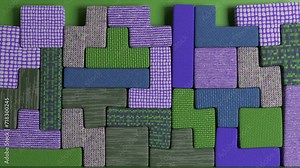 Vivid 3D animation of tessellated puzzle fabric pieces with dynamic textures in an interlocking pattern. Stock Video