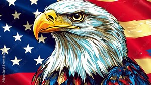 Bald Eagle against animated background of American flag waving in the wind Animation, the national bird and national animal of the United States, close up view, footage, 4k footage, videos