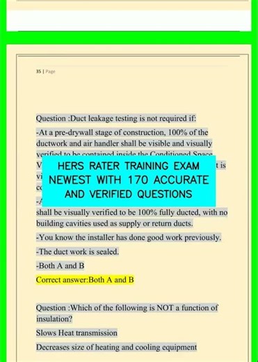 HERS RATER TRAINING EXAM NEWEST WITH 170 ACCURATE AND VERIFIED QUESTIONS video