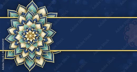 Decorative blue and gold lotus flower by a blue banner suitable for luxury branding, spa logos, and wellness designs.