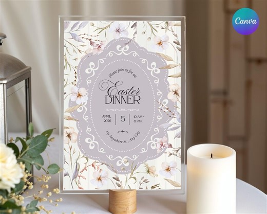 Easter Dinner Invitation Template 5x7 Editable Canva, Elegant Easter Dinner Invite, Vintage Floral Printable Invitation, Spring Party Invite - Etsy