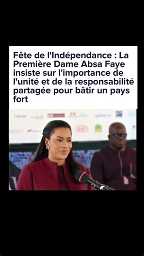 En ce 4 avril, journée de notre indépendance, j'ai été fière d'assister à cette célébration qui nous rappelle, avec sobriété, ce que signifie être une nation. L'indépendance n'est pas un acquis, mais une exigence quotidienne.» La remarque émane de la Première Dame du Sénégal, Absa Faye, partageant son sentiment sur sa page Facebook, à l'occasion de la célébration de la fête du 04 Avril 2026 délocalisée à Thiès.