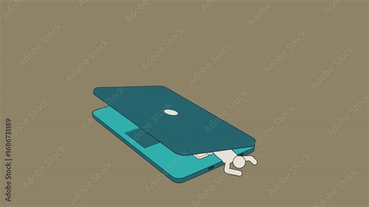 Stickman characters interacting with a laptop. One runs across the keyboard while code appears on screen, and other suddenly slams the laptop shut, trapping first stickman inside. Looped animation.