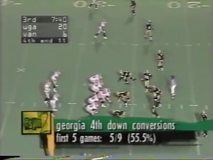 At Vanderbilt in 1997, freshman WR Michael Greer catches two touchdowns from senior QB Mike Bobo in UGA’s 34-13 win over the Commodores. For Greer, the scores are the first two receptions of his Bulldog career. Bobo: 28-18-0-267-2 Greer: 2-52-2 | Georgia Bulldogs