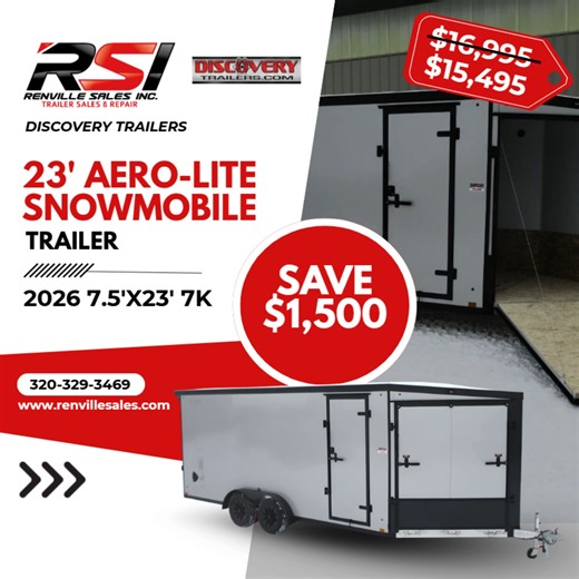 Snowmobile Trailers Have Arrived! ❄️😎 Introducing the Discovery Aero-Lite Snowmobile trailer, available in 23' & 29' — in White & Silver. Explore features pricing on our website (link in comments)! #Discoverytrailers #snowmobiletrailers #RenvilleSales | Renville Sales, Inc