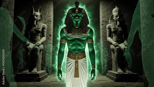 Resurrection of Osiris, Egyptian god of afterlife and rebirth, glowing green aura in ancient tomb with hieroglyphs and Anubis statue, mystical divine presence video footage