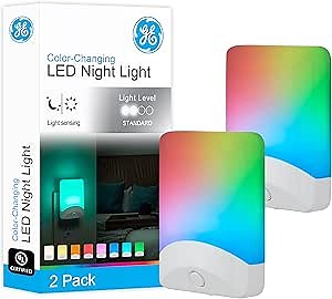 GE Color Changing LED Night Light for Kids, Dusk to Dawn Sensor, Home Decor Apartment Essentials, Wall Lights for Bedroom, Ambient Lighting, Nightlights Plug in, 2 Pack, 46722-P1