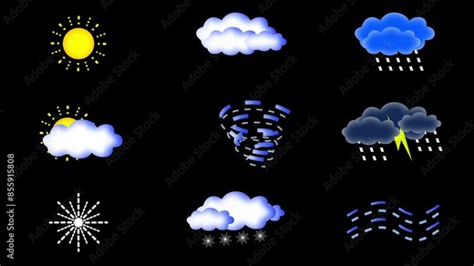 Weather icons. 9 animated weather elements on three different backgrounds: black, green and luma matte mask Stock Video