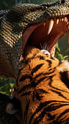 Giant Snake Swallows Tiger Whole​ #PythonVsTiger #WildlifeBattle #SnakeEatsTiger #animalfight