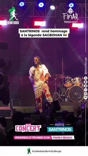 Santrinos Raphaël interprète le mythique titre Amon Noudé de 𝗣𝗮𝗽𝗮 𝗦𝗔𝗚𝗕𝗢𝗛𝗔𝗡 𝗗𝗮𝗻𝗶𝗮𝗹𝗼𝘂 au FInAB 2026, et le public béninois est plus que conquis 🔥🇧🇯. Tu as raté ça ? Prends rendez-vous ce samedi 28 février 2026 à partir de 20h pour rattraper la good vibe avec 𝗧 𝗚𝗮𝗻𝗴 𝗟𝗲 𝗧𝗲𝗰𝗵𝗻𝗶𝗰𝗶𝗲𝗻, 𝗘𝗹 𝗣𝗿𝗶𝗺𝗼, 𝗙𝗮𝗻𝗻𝘆 𝗦𝗲̀𝗻𝗮𝗻 et une multitude d'autres artistes. L’entrée est à 1 000 F CFA seulement. Prends ton ticket sur place ou directement ici 👉 https://www.xoboe