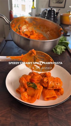 Emily English on Instagram: "Speedy Creamy Spicy Prawn Pasta A pasta night dream, so simple to throw together and one I would make for myself but also for friends if I had them over. Feel free to add in a handful of spinach too for extra greens! Serves: 1 (easily multiplied) Prep time: 5 minutes Cook time: 10 minutes Approx 505 kcal & 40g protein You will need 1 garlic clove, minced Large handful cherry tomatoes, halved (I use red and yellow) 1 tbsp tomato purée 1 tsp rose harissa paste (or ½ ts